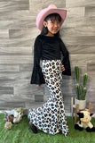 DLH2731 Black velvet long sleeve top & leopard bell bottom 2pc girls sets