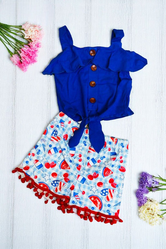 Shop girls clothes 4th July blue top flag & watermelon & ice cream prints 2pcs sets DLH2355