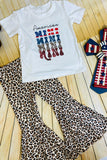 Kids clothes suppliers American MINI prints leopard bell bottom patriotic 2pc girls sets DLH2763