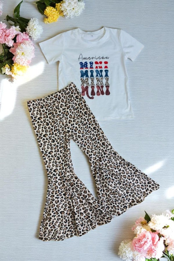 Kids clothes suppliers American MINI prints leopard bell bottom patriotic 2pc girls sets DLH2763