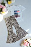 Kids clothes suppliers American MINI prints leopard bell bottom patriotic 2pc girls sets DLH2763