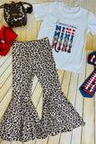Kids clothes suppliers American MINI prints leopard bell bottom patriotic 2pc girls sets DLH2763