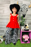 XCH0333-6H Kids Red sleeveless top & cow printed bell bottom 2pc girls sets