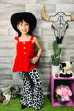XCH0333-6H Kids Red sleeveless top & cow printed bell bottom 2pc girls sets