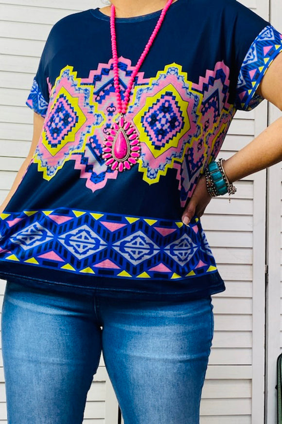 Multi color aztec printed short sleeve women top XCH14673
