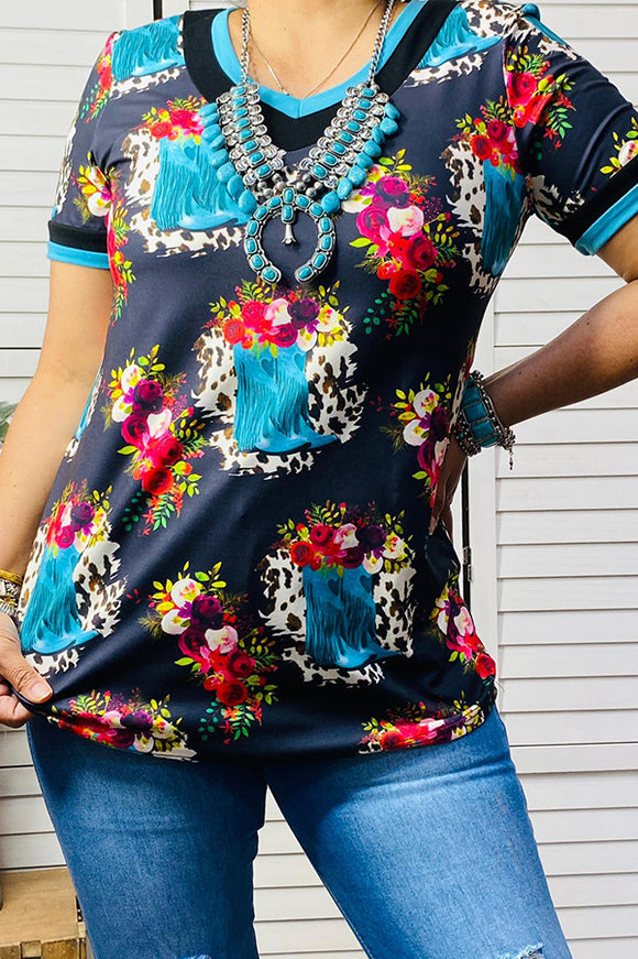 Turquoise leopard & floral printed short sleeve top DLH12041