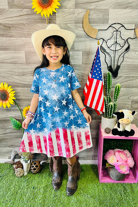 XCH0020-4H 4th July half blue star & red striped short sleeve girls dress