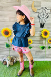 DLH2492(A3S6)  Denim top & Floral printed shorts 2pc summer girls sets