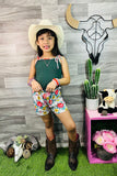 XCH0666-26H Floral spaghetti strap green top & floral printed shorts 2pc girls sets