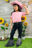 DLH2754 Black bell bottom girls jeans w/washed ruffle