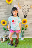 DLH2341  (A4S4) SODA Bubbly blue printed top wpink distressed shorts girl set