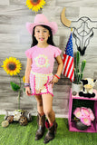 DLH2768(A3S7 )Sunflower embroidery pink top checkered shorts 2pc girls sets