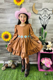 DLH2640 Long sleeve brown color girls swirl dress