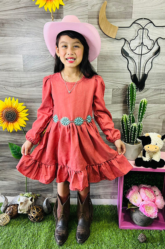 DLH2642 Coral color Long sleeve girls swirl dress w/ruffle