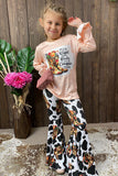Western boots printed pink long sleeve top & bell bottom 2pc girls sets DLH2695