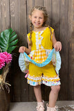 DLH2356 (A3S6) Yellow multi print ruffle sleeveless top & shorts 2pc girl set