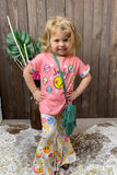 Kids smile face coral top bell bottom pant 2pc girls sets XCH0666-25H (A6S8)