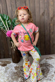 Kids smile face coral top bell bottom pant 2pc girls sets XCH0666-25H