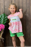 DLH2507 (A3S9) Pink cactus embroidery detail top w/green shorts 2pcs girl set