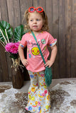 Kids smile face coral top bell bottom pant 2pc girls sets XCH0666-25H (A6S8)
