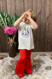 Leopard printed short sleeve top red bell bottom 2pcs girls sets DLH2750