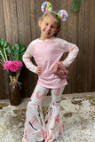 Spring pink & checkered raglan sleeve top bell bottom 2pcs girls clothing sets DLH2698