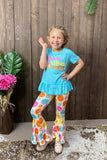 "good vibes only" mint top smile face bell bottom 2pcs girls sets XCH0333-12H