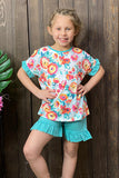 Multi color floral printed top w/turquoise shorts XCH0777-21H