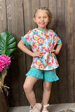 Multi color floral printed top w/turquoise shorts XCH0777-21H