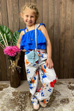 Ruffle blue crop top w/white floral printed pants girl 2pcs set DLH2506