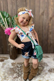 4th of July bull printed backless top patched denim shorts 2pcs girls set DLH2392