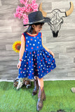 XCH0888-16H 4th of July blue star patriotic girl dress w/back bow