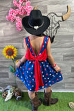 XCH0888-16H 4th of July blue star patriotic girl dress w/back bow