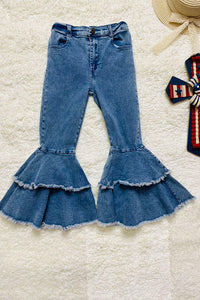 DLH2755 Wash blue double ruffle bell bottom denim girls jeans