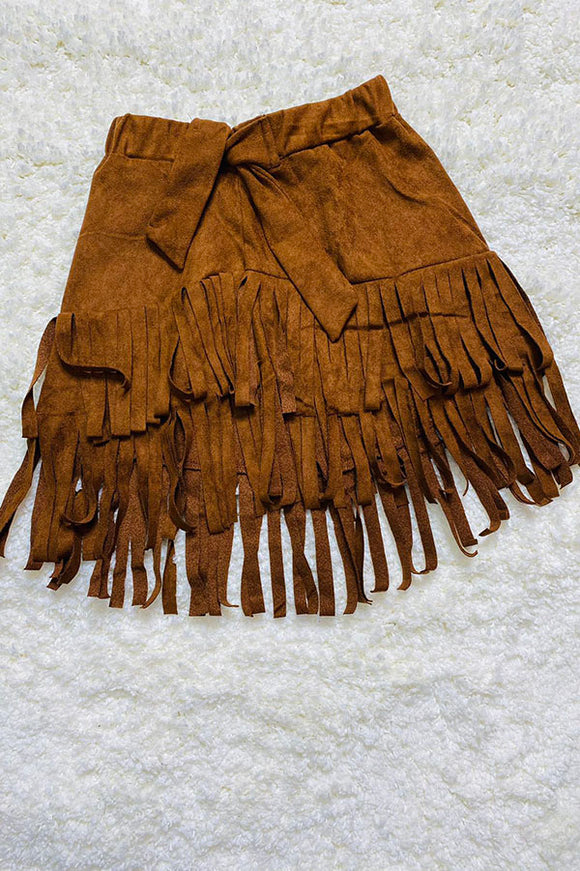 DLH2567 Brown fringe faux suede girls skirt w/elastic waist