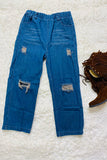 DLH2663 Denim blue elastic waist girls jeans with holes