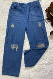 DLH2663 Denim blue elastic waist girls jeans with holes