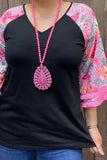 GJQ13900 Floral multi color printed w/tassel 3/4 sleeves black women tops