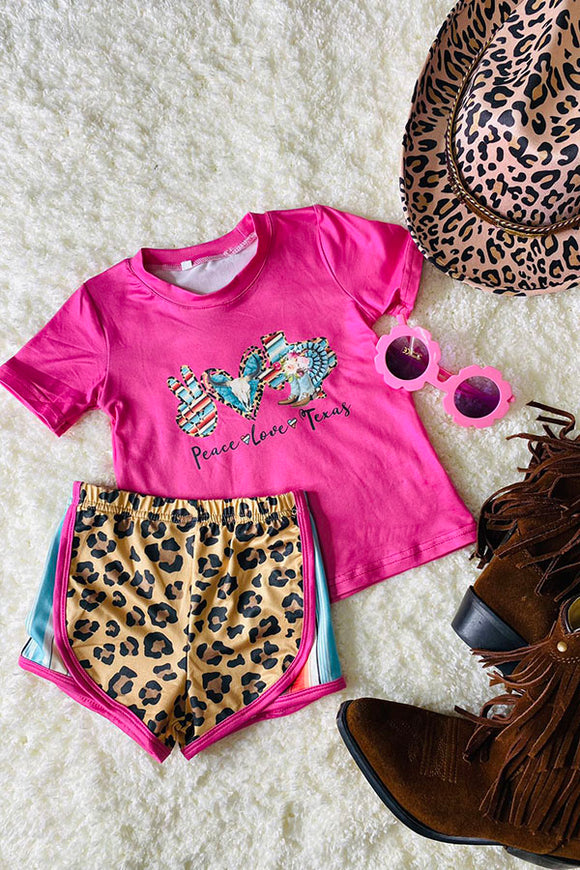 DLH2770 Peace & Love & Texas  pink top leopard shorts 2pcs girls sets