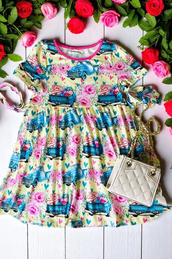 Spring cars & flower prints girl swirl dress w/short sleeve XCH0888-5H (A2S3)