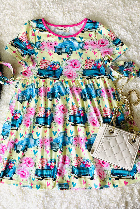 Spring cars & flower prints girl swirl dress w/short sleeve XCH0888-5H (A2S3)