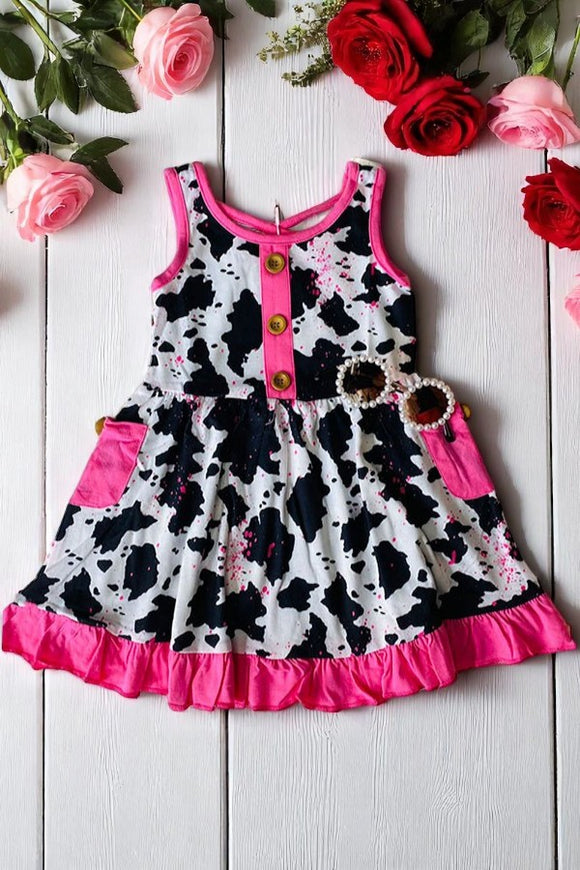 Wholesale Pink cow printed girl dress w/pockets XCH0888-9H (A1S2)