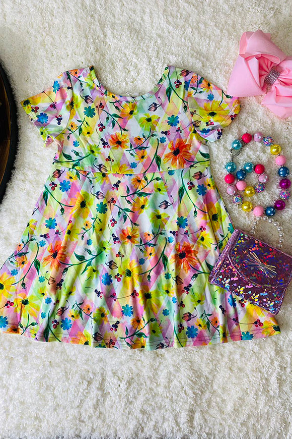 Spring multi floral printed short sleeve girl dressXCH0555-6H  (A2S3)