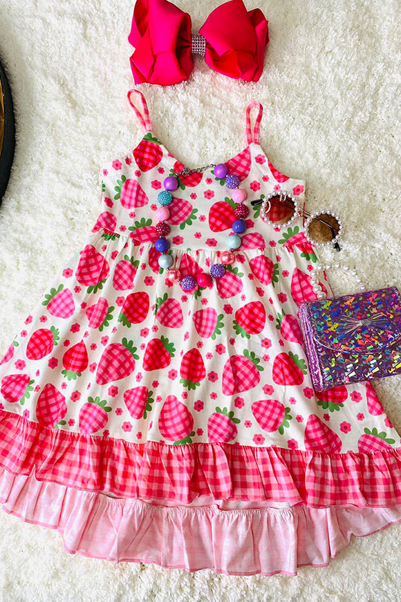 XCH0888-19H Kids pink plaid strawberry printed dresses