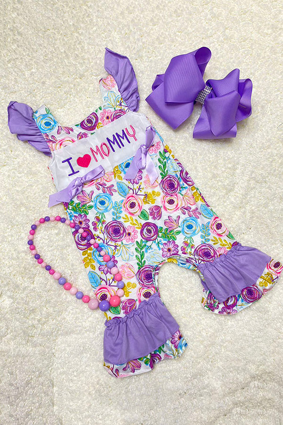 DLH2436 I LOVE MOMMY embroidery purple floral prints baby girls romper