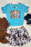 DLH0923-37 Cross printed blue t-shirt w/cow shorts set