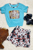 DLH0923-37 Cross printed blue t-shirt w/cow shorts set