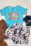 DLH0923-37 Cross printed blue t-shirt w/cow shorts set