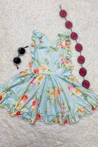 DLH2364 Summer floral prints blue girls swirl dress