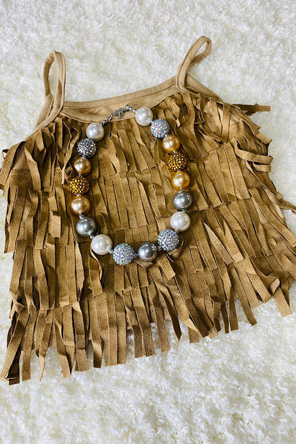 DLH2615 Kids Tan suede fringe tassel girls top